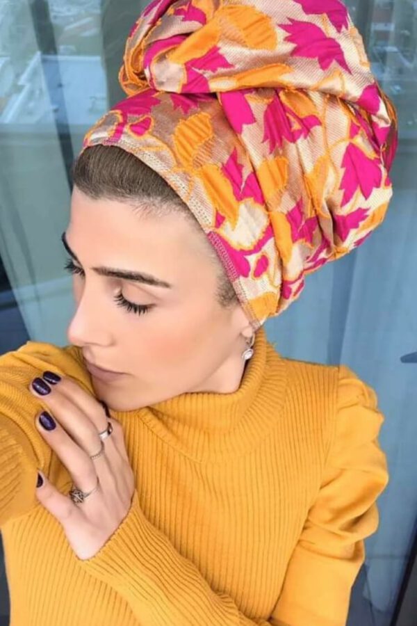 מטפחת דגם "תחרה חרדל פוקסיה זהב"